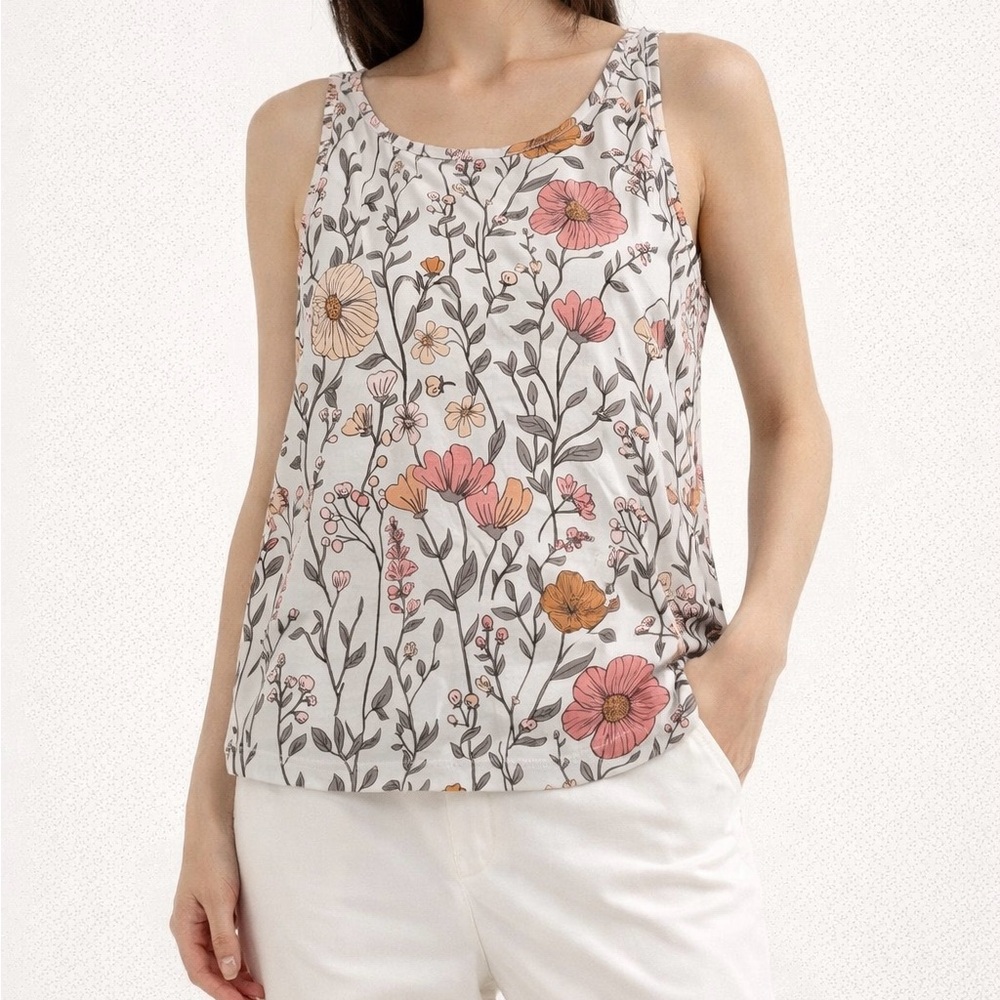 Cream Floral Scoop Neck Camisole with Pink & Orange Blooms Women’s Medium